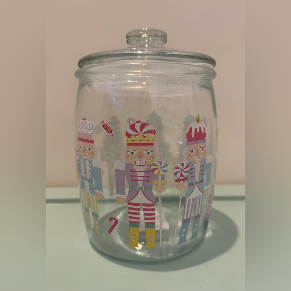 Festive Nutcracker Glass Jar with Lid- NWT